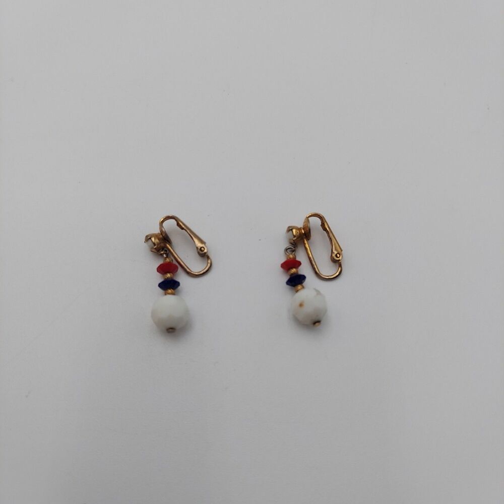 White Beads Black, Red Faceted Clip-on Earrings 1"